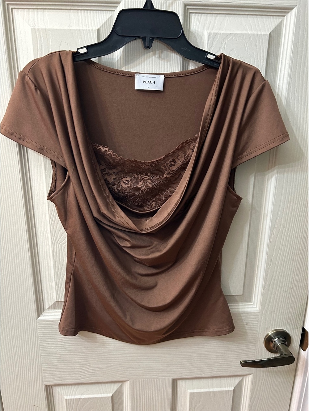 Peach Cowl Neck Top with Lace Detail, Size XL